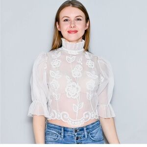 VINTAGE 70s White Organza Embroidered High-Neck Blouse XS